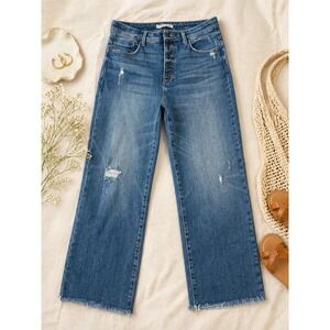 Whetherly James High Rise Straight Wide Leg Jeans Blue Distressed Button Fly 31